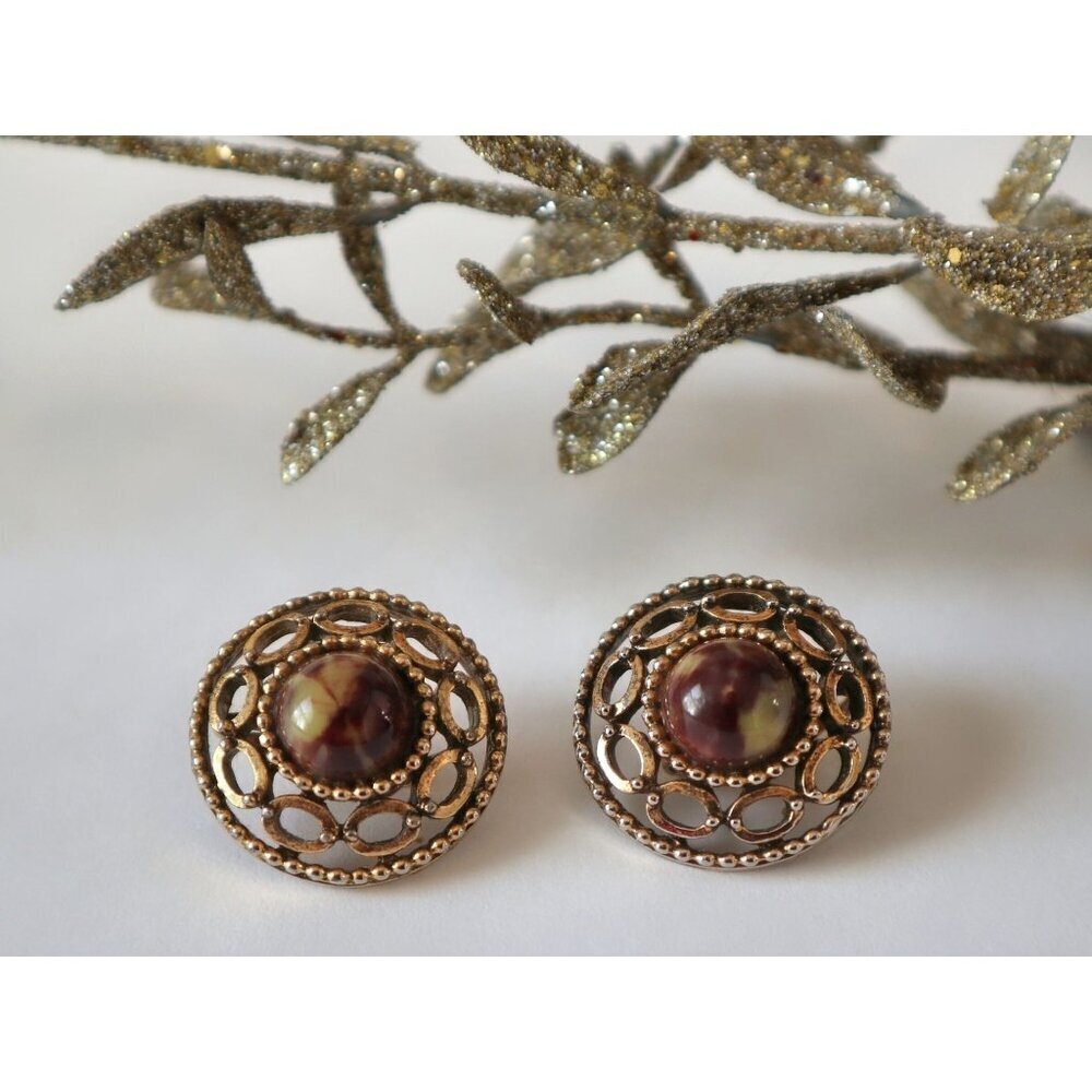Vintage Signed Celebrity Earrings Clip On Marbled Brown Cabochon 1960's